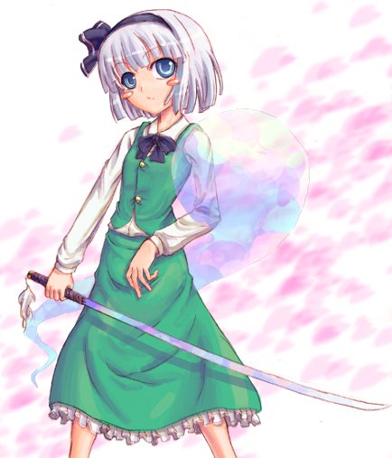 juuka@100neko, konpaku youmu, konpaku youmu (ghost), touhou, silver hair, 1girl, black bow, black bowtie, bow, bowtie, contrapposto, female focus, green skirt, hitodama, katana, long skirt, long sleeves, looking at viewer, skirt, solo, standing, sword, unsheathed, weapon