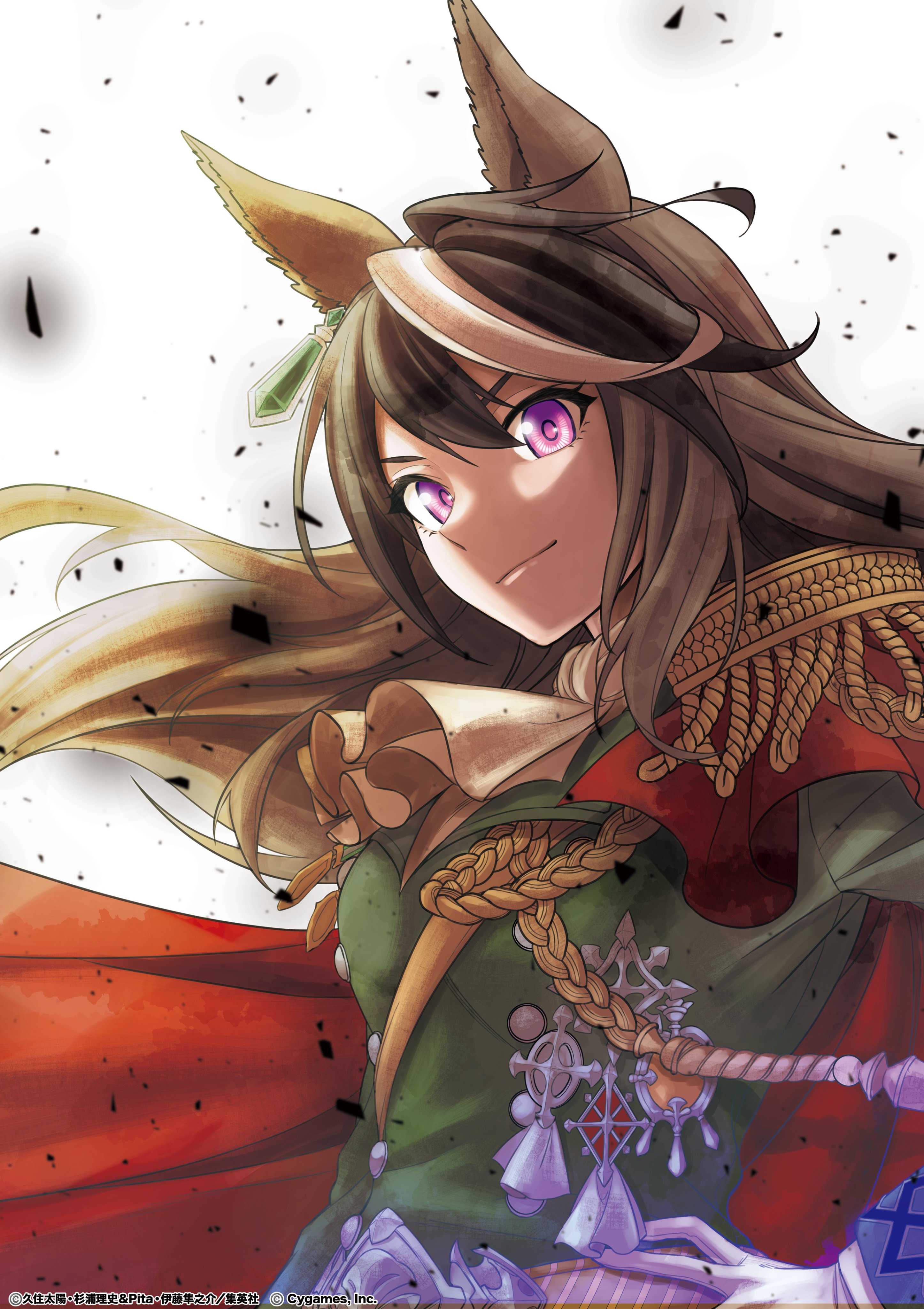 kuzumi taiyou, symboli rudolf (emperor's path) (umamusume), symboli rudolf (umamusume), umamusume, umamusume: cinderella gray, absurdres, commentary request, highres, official art, aiguillette, animal ears, ascot, brown hair, cape, earrings, epaulettes, floating hair, glowing, glowing eyes, hair between eyes, hand on own hip, horse ears, horse girl, jewelry, long hair, long sleeves, looking at viewer, multicolored hair, purple eyes, red cape, single earring, single epaulette, solo, streaked hair, upper body, white ascot, white background, white hair