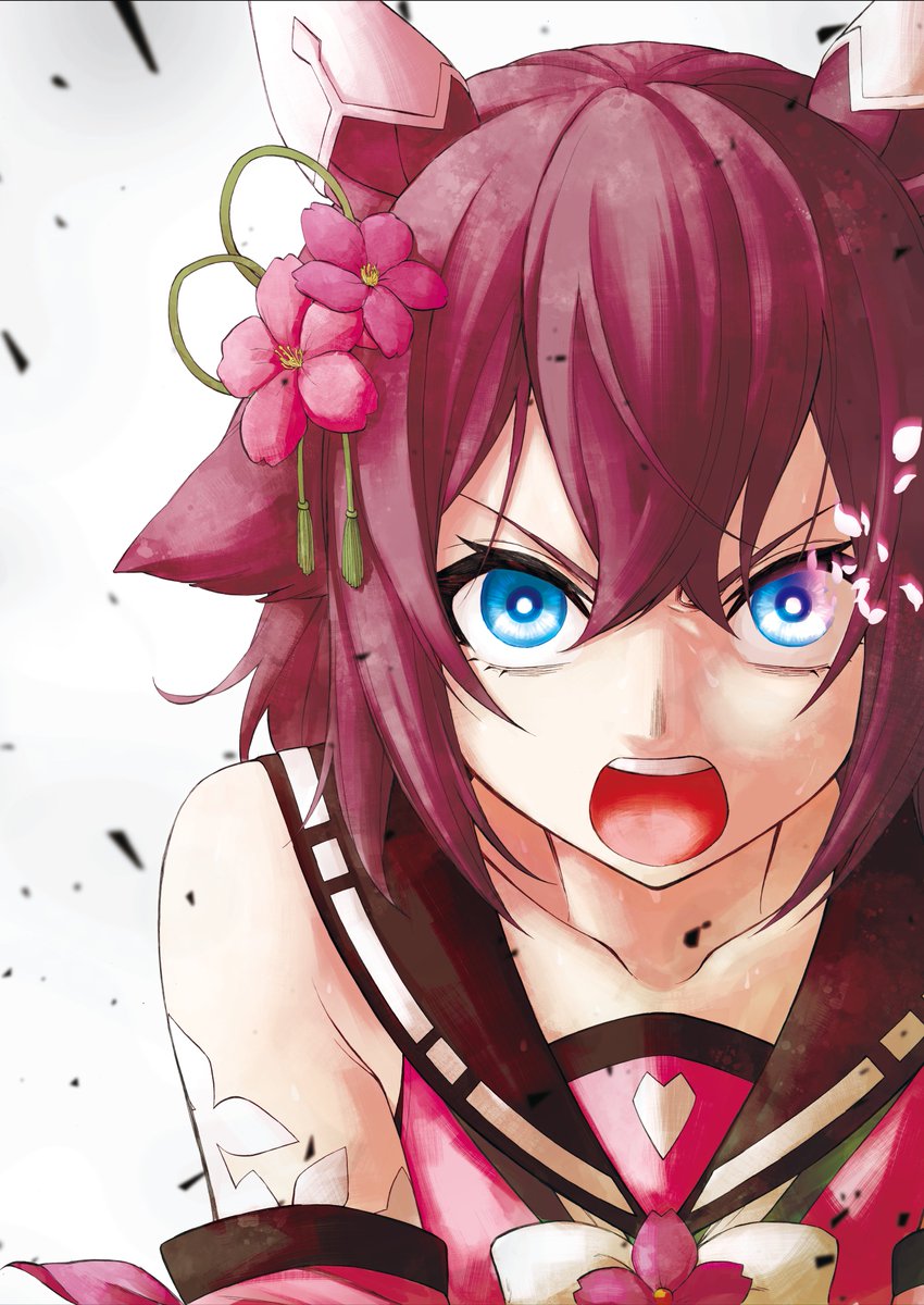 kuzumi taiyou, sakura chiyono o (hinoshita kaisan hana akari) (umamusume), sakura chiyono o (umamusume), umamusume, umamusume: cinderella gray, commentary request, highres, official art, 1girl, animal ears, bare shoulders, black sailor collar, blue eyes, cherry blossoms, detached sleeves, ear covers, flipped hair, flower, hair between eyes, hair flower, hair ornament, horse ears, horse girl, looking at viewer, medium hair, open mouth, petals, portrait, red hair, sailor collar, solo, upper body, white background