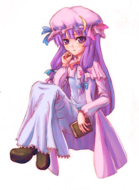 juuka@100neko, patchouli knowledge, touhou, 1girl, blunt bangs, blush, book, crescent, crescent hat ornament, female focus, full body, hat, hat ornament, holding, holding book, knees up, loafers, long hair, looking at viewer, mob cap, purple eyes, shoes, sidelocks, simple background, solo, white background