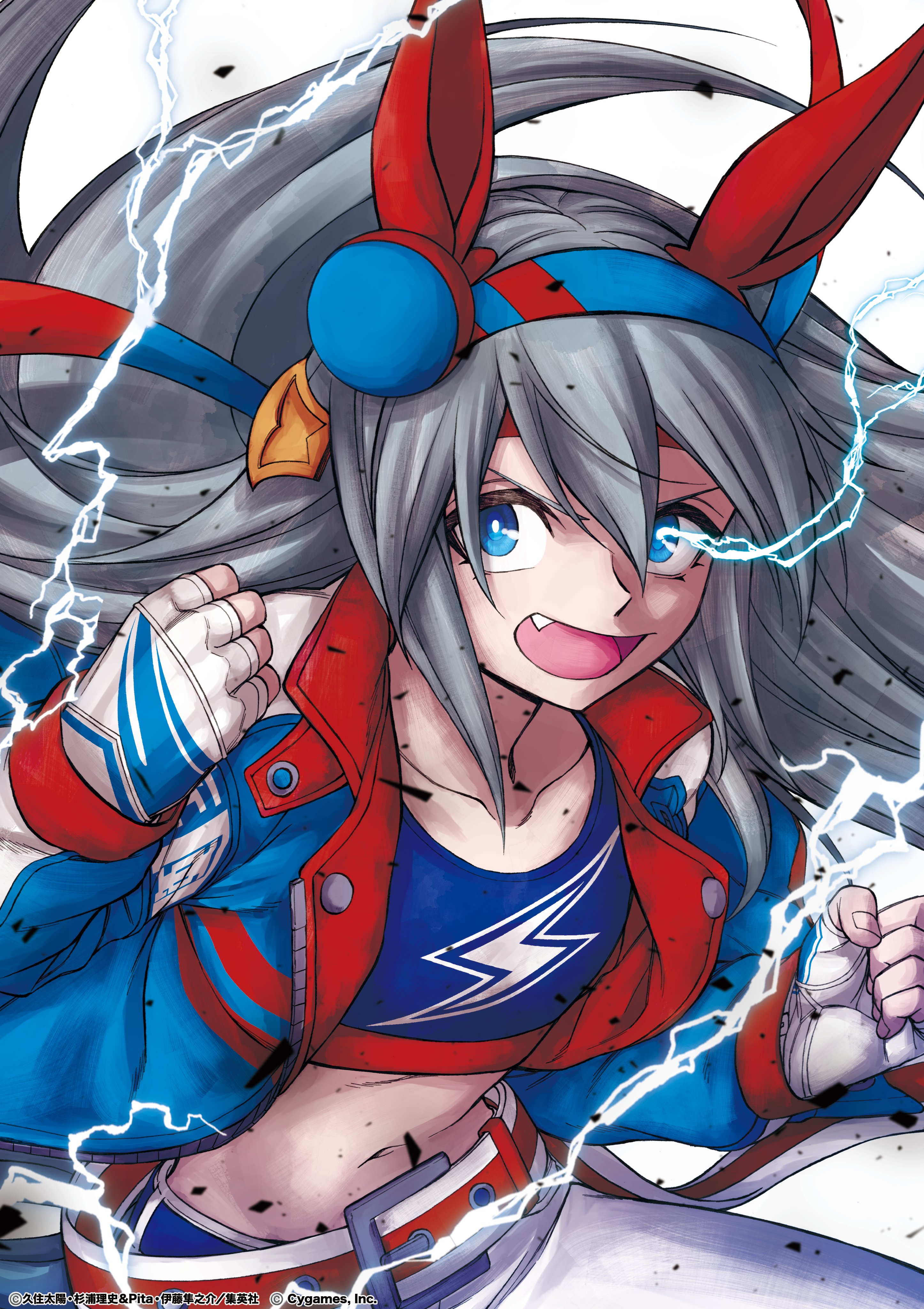 kuzumi taiyou, tamamo cross (umamusume), tamamo cross (with lightning speed) (umamusume), umamusume, umamusume: cinderella gray, absurdres, commentary request, highres, official art, 1girl, :o, animal ears, blue eyes, blue jacket, clenched hands, crop top, ear covers, electricity, fang, fingerless gloves, gloves, grey hair, hair between eyes, hairband, headband, horse ears, horse girl, jacket, lightning bolt symbol, long hair, midriff, navel, red headband, solo, stomach, very long hair, white background