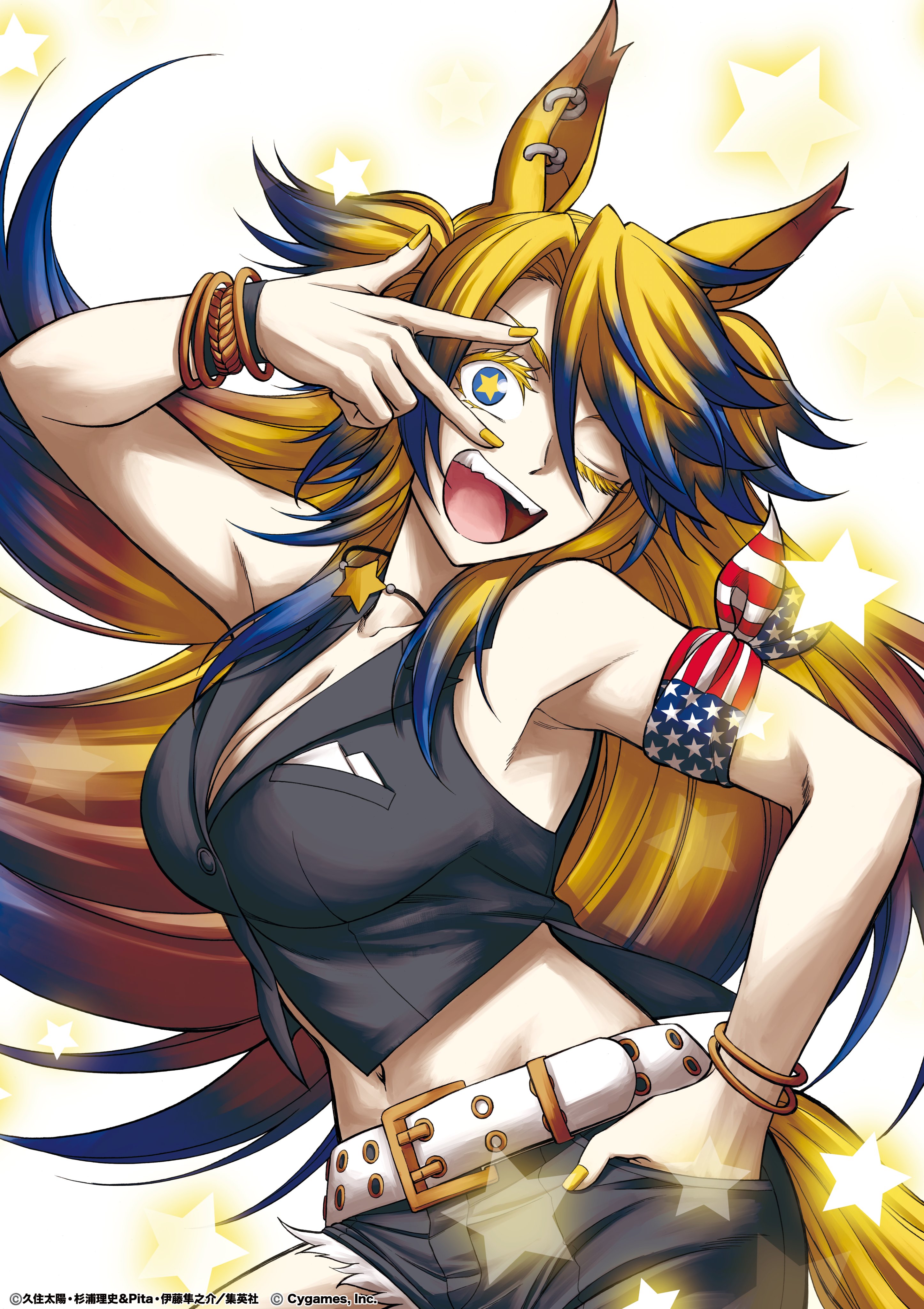 kuzumi taiyou, obey your master (umamusume), umamusume, umamusume: cinderella gray, absurdres, commentary request, highres, official art, 1girl, ;d, animal ears, armband, bare shoulders, belt, black shirt, blonde hair, blue eyes, blue hair, bracelet, breasts, cleavage, colored eyelashes, crop top, flag armband, from side, gradient hair, hand in pocket, horse ears, horse girl, jewelry, long hair, looking at viewer, midriff, multicolored hair, navel, necklace, one eye closed, open mouth, shirt, sleeveless, sleeveless shirt, smile, solo, star-shaped pupils, star (symbol), star necklace, symbol-shaped pupils, two-tone hair, v, white belt, yellow nails, yellow pupils