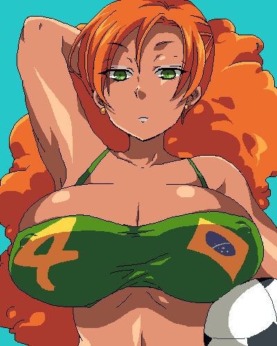 futaba 841, bemani, pop'n music, bad id, bad pixiv id, lowres, 1girl, adapted costume, aqua background, ball, bikini, brazil, brazilian flag bikini, breasts, carrying, carrying under arm, cleavage, curly hair, female focus, flag print, flag print bikini, green bikini, green eyes, halterneck, huge breasts, large breasts, oekaki, orange hair, print bikini, simple background, soccer ball, solo, swimsuit, telstar