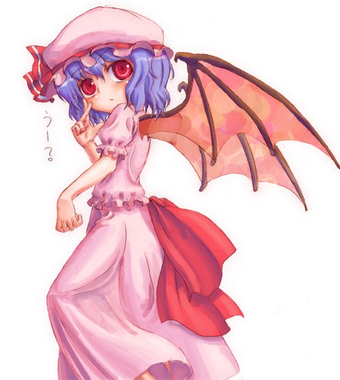 juuka@100neko, remilia scarlet, touhou, 1girl, bat wings, dress, female focus, frills, hat, looking at viewer, mob cap, pink dress, puffy short sleeves, puffy sleeves, purple hair, red eyes, short sleeves, simple background, solo, standing, white background, wings