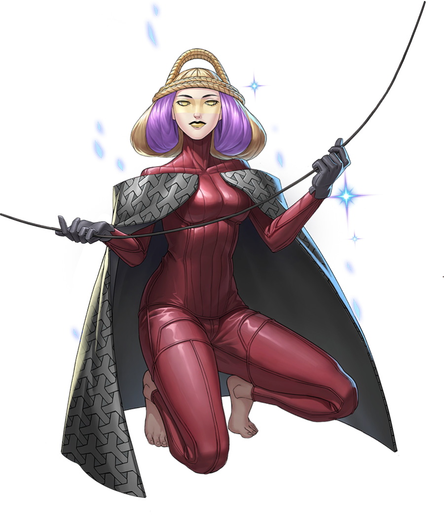 lachesis (megami tensei), persona, persona 5, persona 5: the phantom x, shin megami tensei, artist request, official art, third-party source, 1girl, barefoot, black cape, black gloves, blonde hair, braid, breasts, cape, demon (megami tensei), gloves, holding, holding string, multicolored hair, purple hair, solo, squatting, string, transparent background, two-tone hair, yellow eyes