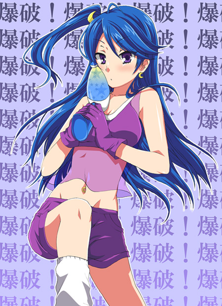 futaba 841, suisei laura, bemani, pop'n music, bad id, bad pixiv id, 1girl, blue hair, crescent, crescent earrings, earrings, energy gun, female focus, gloves, hair ornament, hairclip, jewelry, lazer gun, long hair, navel, navel piercing, piercing, purple eyes, ray gun, shorts, side ponytail, solo, space gun, tank top, weapon