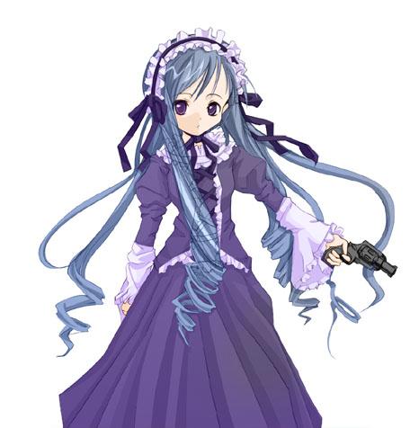 aria (sister princess), sister princess, lowres, 00s, 1girl, drill hair, female focus, gun, handgun, revolver, solo, weapon