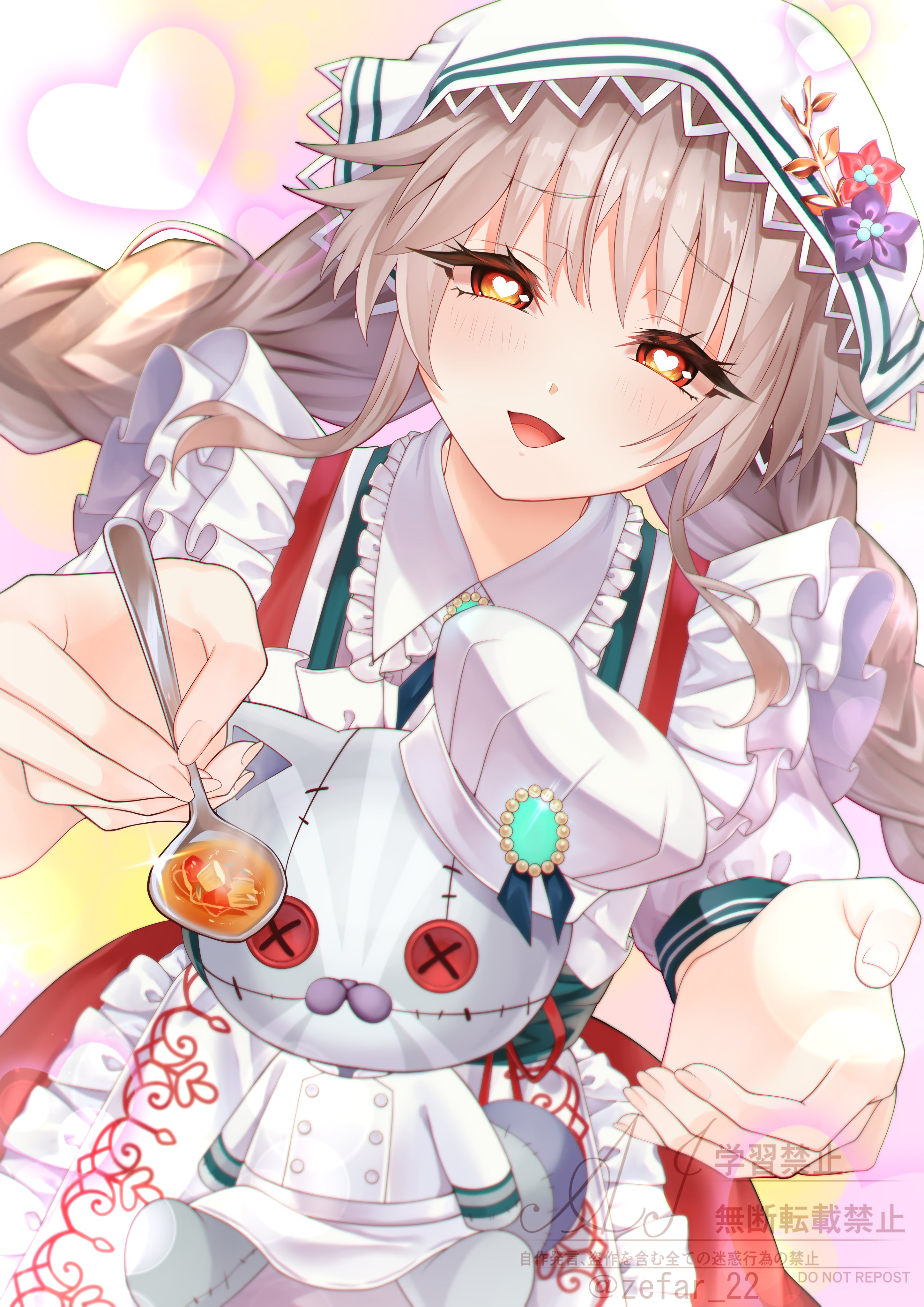 22 zefar, charlotta skopovskaya, heaven burns red, absurdres, highres, 1girl, apron, blush, braid, brown eyes, brown hair, dress, feeding, flower, food, frilled apron, frills, grey hair, hat, hat flower, heart, heart-shaped pupils, holding, holding spoon, incoming food, long hair, looking at viewer, maid apron, open mouth, orange eyes, puffy sleeves, red eyes, smile, solo, spoon, stuffed animal, stuffed cat, stuffed toy, symbol-shaped pupils, twin braids, very long hair, white apron