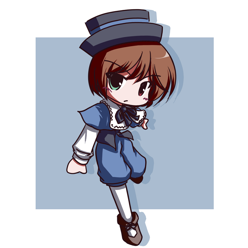 boku, fictional sister, souseiseki, rozen maiden, 00s, brown hair, chibi, hat, heterochromia, pantyhose, short hair