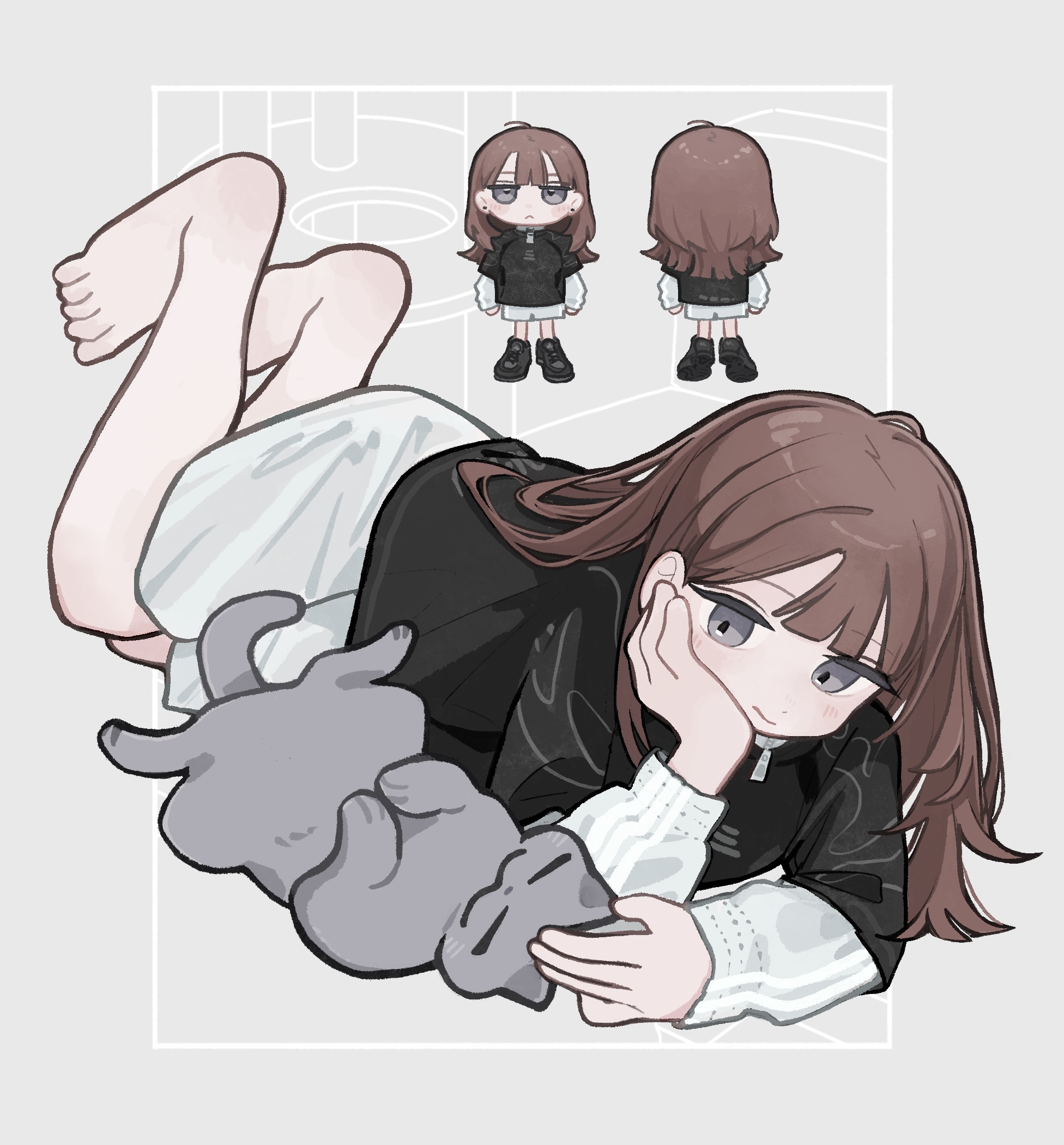 yunoki itsugu, original, highres, 1girl, arm support, barefoot, black jacket, brown hair, cat, chibi, chibi inset, grey background, grey cat, grey eyes, hand on own cheek, hand on own face, head rest, jacket, lying, petting, skirt, white skirt