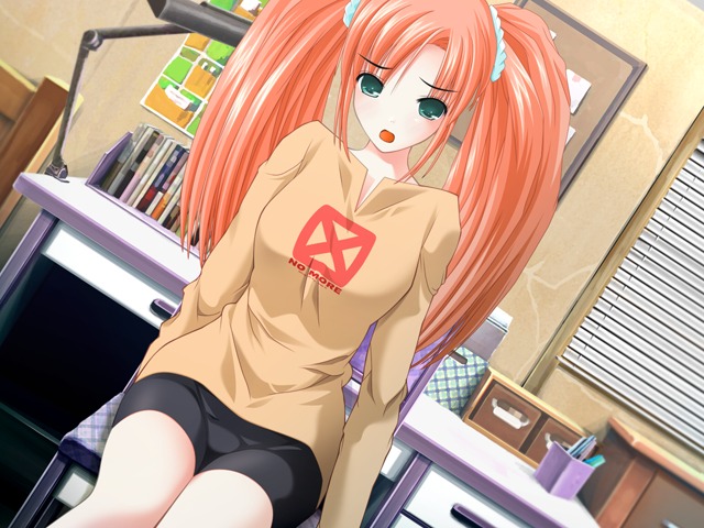 koshiou chihaya, colorful heart, game cg, 1girl, bike shorts, female focus, green eyes, long hair, open mouth, orange hair, sitting, solo, twintails