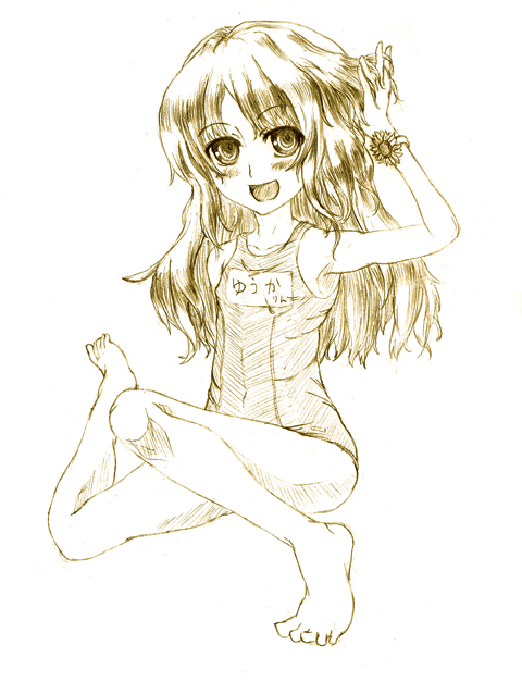 juuka@100neko, kazami yuuka, touhou, 1girl, alternate hair length, alternate hairstyle, armpits, bad anatomy, barefoot, feet, female focus, full body, monochrome, name tag, one-piece swimsuit, poorly drawn, school swimsuit, simple background, solo, swimsuit, white background