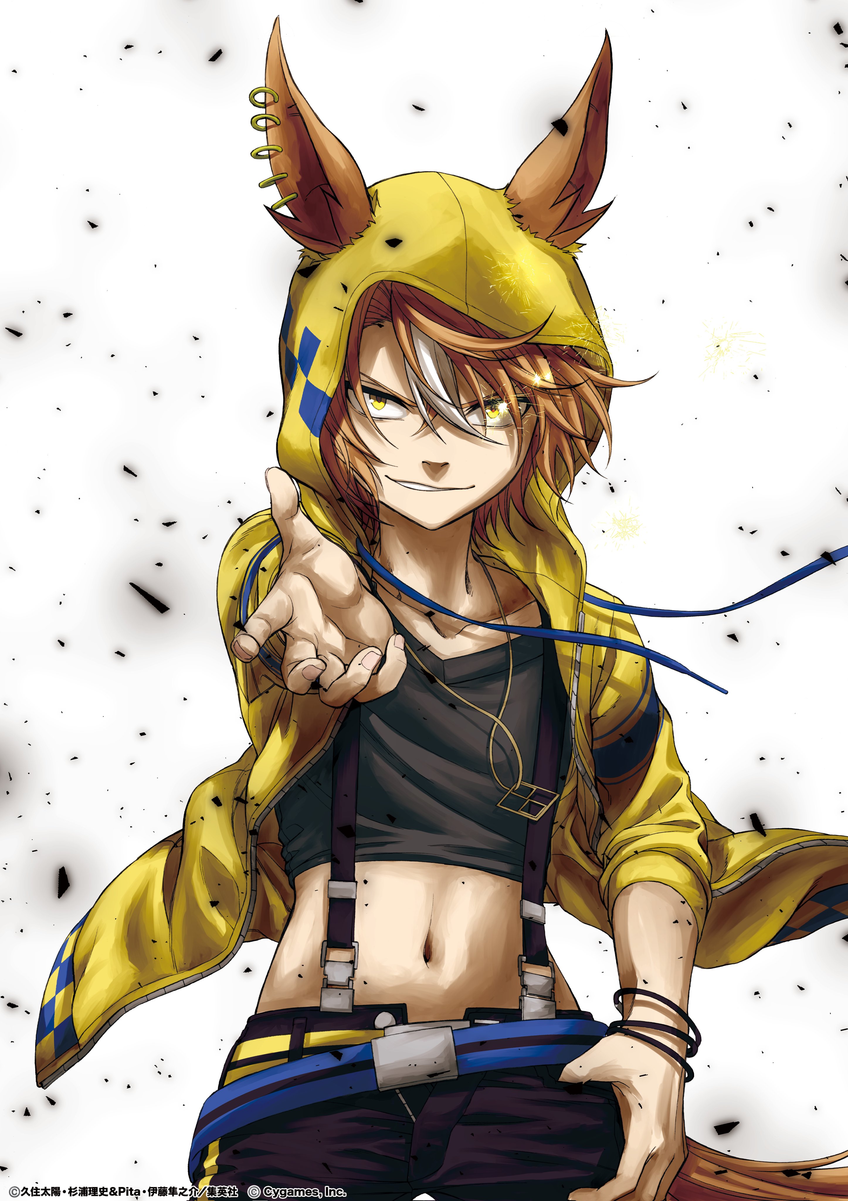 kuzumi taiyou, dictus striker (umamusume), umamusume, umamusume: cinderella gray, absurdres, commentary request, highres, official art, 1girl, animal ears, belt, black shirt, blue belt, bracelet, brown hair, collarbone, crop top, debris, ear piercing, earrings, ears through headwear, floating clothes, hood, hooded jacket, horse ears, horse girl, jacket, jewelry, long sleeves, looking at viewer, multicolored hair, navel, necklace, piercing, reaching, reaching towards viewer, shirt, short hair, solo, stomach, suspender pants, suspenders, two-tone hair, v-neck, white background, white hair, wind, yellow hood, yellow jacket