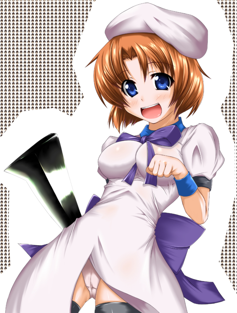 dou-t, ryuuguu rena, higurashi no naku koro ni, bad id, bad pixiv id, highres, 00s, 1girl, beret, billhook, blue eyes, bow, breasts, dress, female focus, hashitsuki nata, hat, hatchet, nata (tool), orange hair, panties, pantyshot, short hair, smile, solo, thighhighs, underwear, white panties, wristband, zettai ryouiki