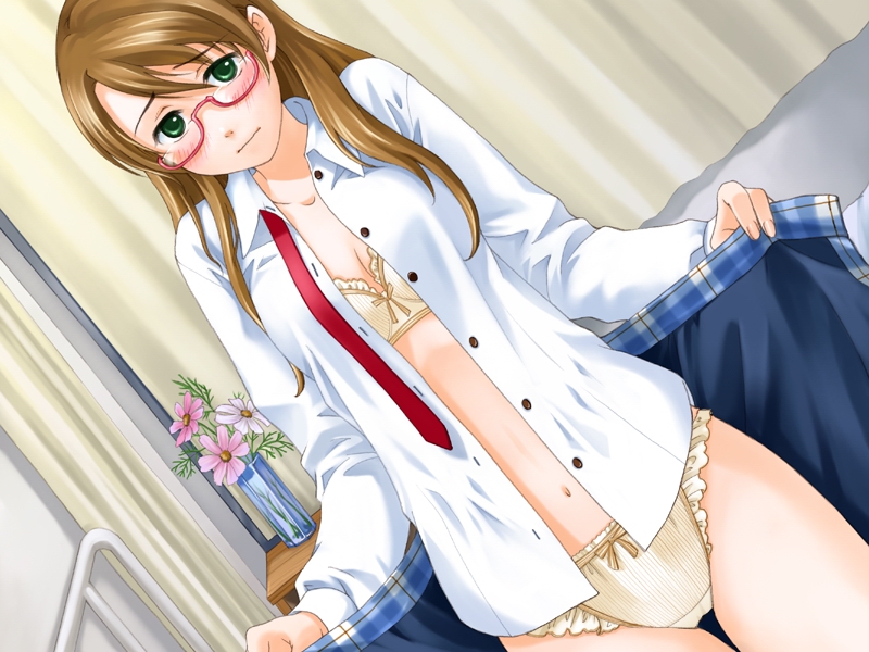 ginta, yoshino mizuki, pure x cure, game cg, 1girl, blush, bow, bow bra, bow panties, bra, brown hair, dutch angle, female focus, flower, glasses, green eyes, lingerie, long hair, open clothes, open shirt, panties, school uniform, shirt, solo, underwear, undressing, yellow bra, yellow panties