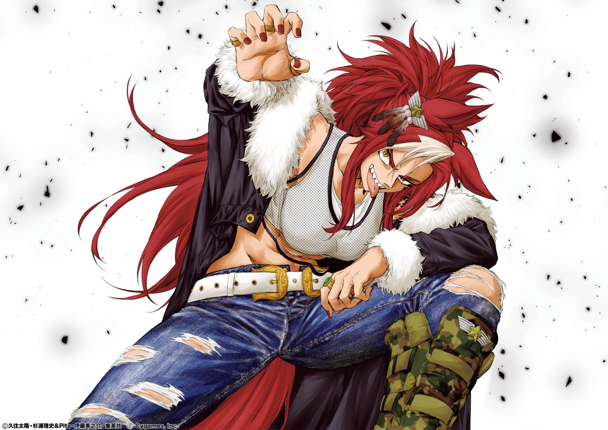kuzumi taiyou, umamusume, umamusume: cinderella gray, commentary request, official art, 1girl, animal ears, belt, boots, crop top, debris, denim, ear ornament, fishnet top, fishnets, fur-trimmed jacket, fur trim, horse ears, horse girl, horse tail, jacket, jeans, knee boots, long hair, long sleeves, looking at viewer, multicolored hair, open clothes, open jacket, pants, piercing, red hair, red nails, sharp teeth, solo, stomach, tail, tank top, teeth, thief crow (umamusume), tongue piercing, torn clothes, torn jeans, torn pants, white background, white belt, white tank top, yellow eyes