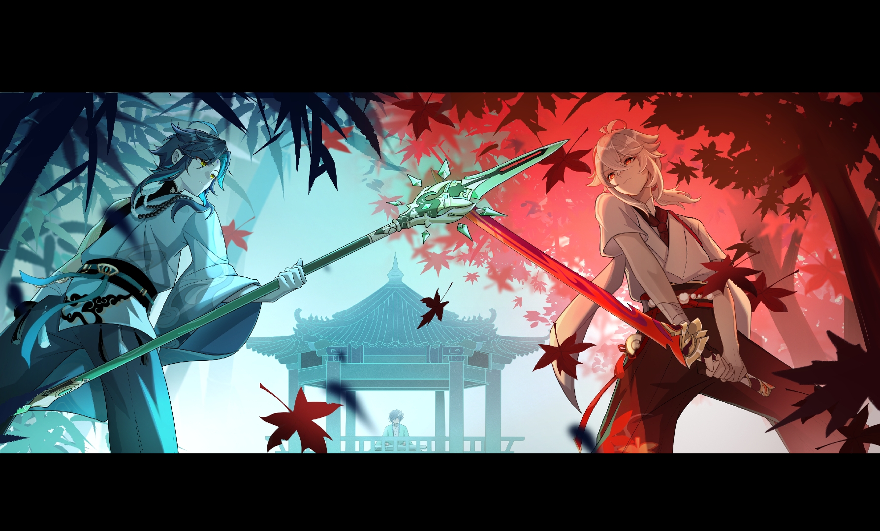 fishinthetea, kaedehara kazuha, xiao (genshin impact), genshin impact, highres, 2boys, aqua hair, arm tattoo, beads, black hair, black pants, closed mouth, hair between eyes, holding, holding polearm, holding sword, holding weapon, japanese clothes, leaf, long hair, long sleeves, male focus, maple leaf, multicolored hair, multiple boys, pants, polearm, ponytail, red eyes, red hair, shirt, streaked hair, sword, tattoo, weapon, white hair, white shirt, yellow eyes