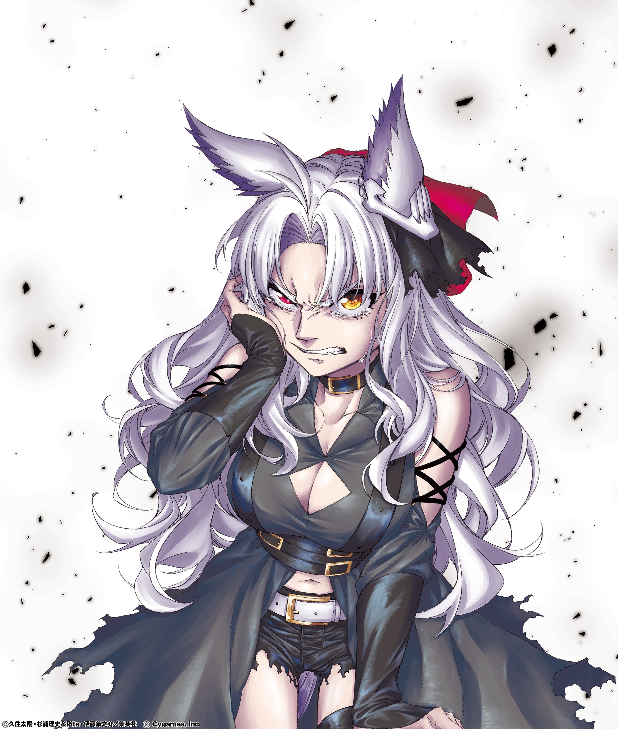 kuzumi taiyou, umamusume, umamusume: cinderella gray, absurdres, commentary request, highres, official art, 1girl, animal ears, belt, belt collar, black shorts, breasts, cleavage, clenched teeth, collar, debris, ear ornament, folkqueen (umamusume), heterochromia, horse ears, horse girl, large breasts, long hair, long sleeves, looking at viewer, navel, parted bangs, red eyes, shorts, solo, tears, teeth, torn clothes, torn shorts, white background, white belt, white hair, yellow eyes