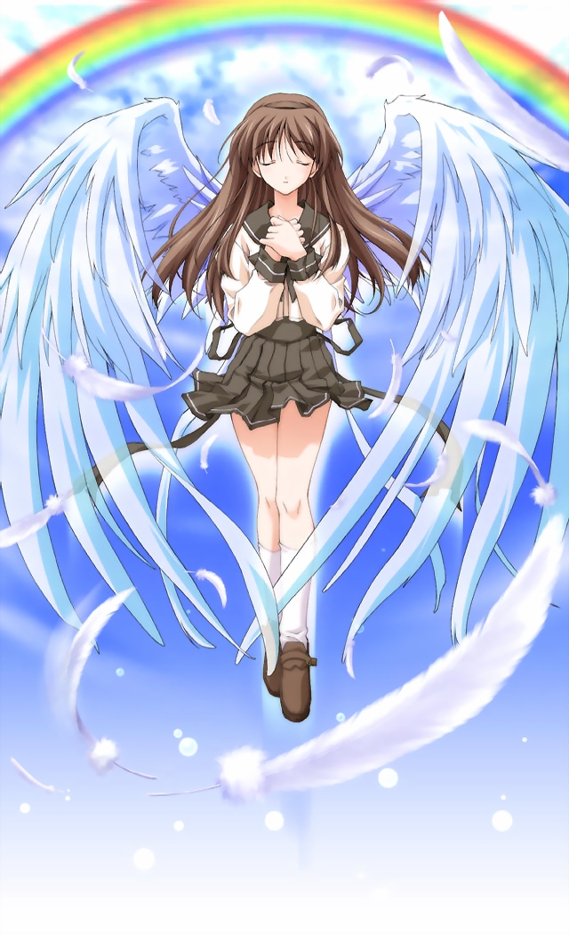 hizuki ayaka, memories off, 1girl, angel wings, brown hair, closed eyes, feathers, rainbow, school uniform, serafuku, wings