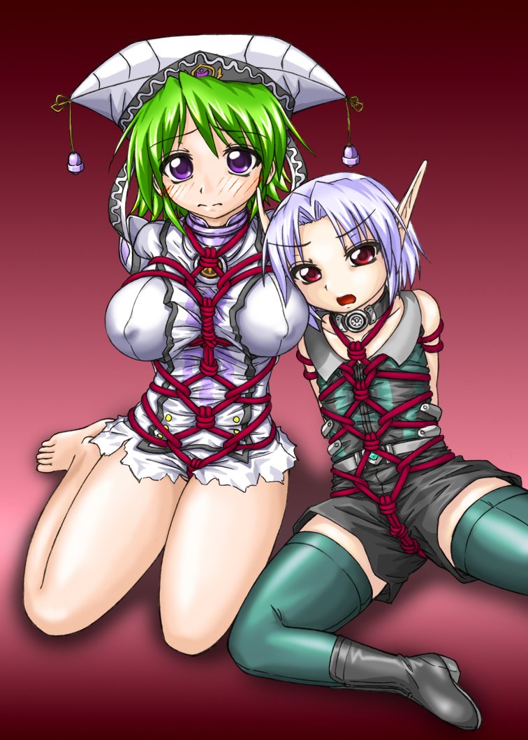 rei (holyspirit), rei (pixiv289680), fomarl, hunewearl, phantasy star, phantasy star online, green legwear, light purple hair, 2girls, arms behind back, bare legs, bdsm, blush, bondage, bound, breasts, choker, crotch rope, embarrassed, flat chest, green hair, hat, large breasts, looking at viewer, multiple girls, purple eyes, red background, red eyes, rope, shibari, shibari over clothes, shorts, sleeveless, thighhighs, torn clothes, white background