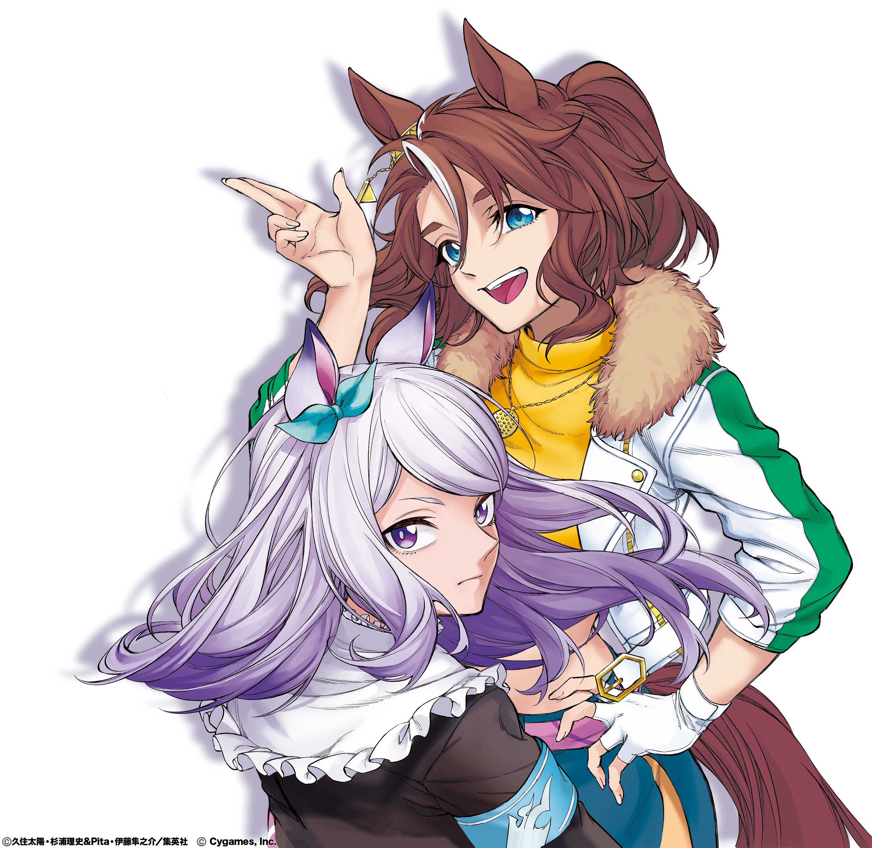kuzumi taiyou, mejiro mcqueen (frontline elegance) (umamusume), mejiro mcqueen (umamusume), mejiro palmer (line breakthrough) (umamusume), mejiro palmer (umamusume), umamusume, umamusume: cinderella gray, absurdres, highres, official art, 2girls, animal ears, aqua bow, aqua bowtie, armband, blue armband, bow, bowtie, brown hair, ear bow, ear ornament, fingerless gloves, floating hair, fur-trimmed jacket, fur trim, gloves, hand on own hip, horse ears, horse girl, horse tail, jacket, jewelry, long hair, long sleeves, looking at viewer, looking back, midriff, multicolored hair, multiple girls, necklace, open mouth, ponytail, purple eyes, purple hair, shirt, single glove, streaked hair, tail, upper body, white background, white gloves, white hair, white jacket, yellow shirt