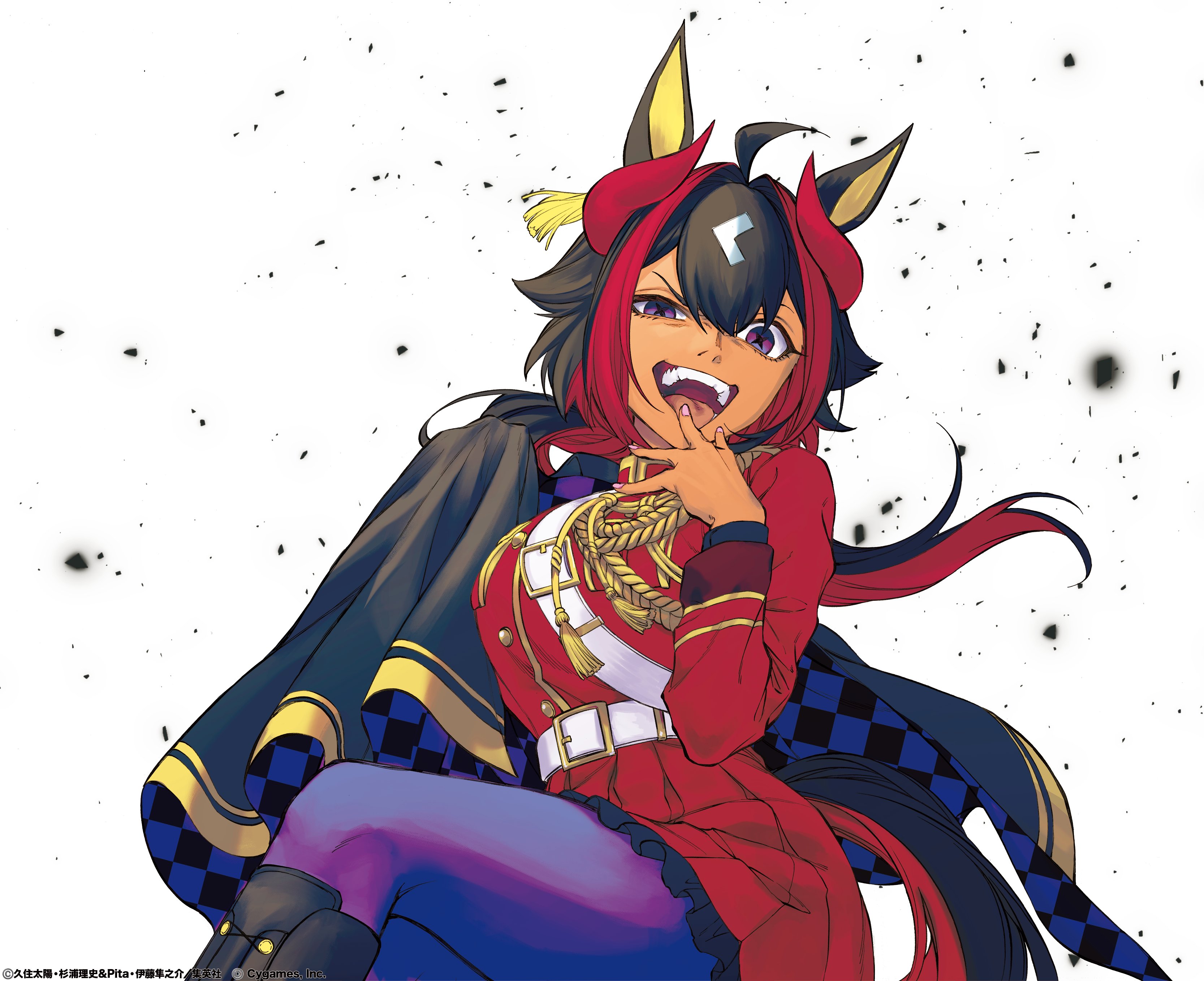 kuzumi taiyou, umamusume, umamusume: cinderella gray, absurdres, commentary request, highres, official art, 1girl, ahoge, aiguillette, animal ears, belt, black cape, black hair, boots, cape, debris, ear ornament, frilled skirt, frills, horse ears, horse girl, horse tail, knee boots, long hair, long sleeves, looking at viewer, mill wakaba (umamusume), miniskirt, multicolored hair, open mouth, pantyhose, purple pantyhose, red hair, red skirt, side cape, skirt, solo, streaked hair, tail, white background