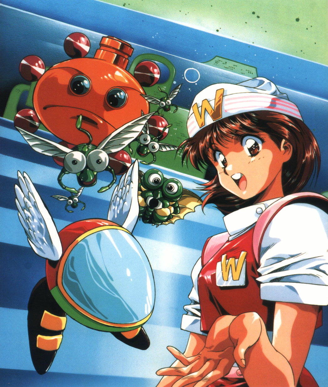 urushihara satoshi, opa-opa, fantasy zone, sega, highres, 1girl, creature, hat, mecha, official style, robot, waitress