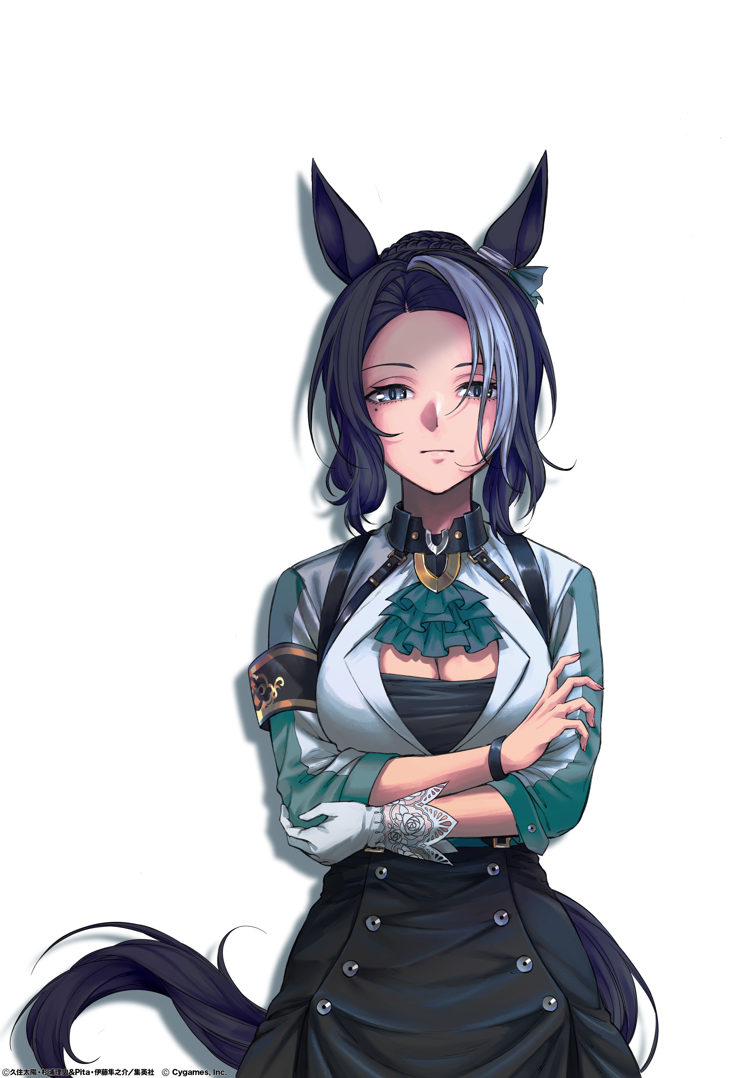 kuzumi taiyou, mejiro ramonu (onyx line) (umamusume), mejiro ramonu (umamusume), umamusume, umamusume: cinderella gray, absurdres, highres, official art, 1girl, animal ears, aqua ascot, armband, ascot, black armband, black eyes, black hair, black skirt, bracelet, braid, breasts, cleavage, gloves, green jacket, horse ears, horse girl, horse tail, jacket, jewelry, large breasts, long sleeves, looking at viewer, medium hair, multicolored hair, multicolored jacket, single glove, skirt, solo, streaked hair, tail, two-tone hair, two-tone jacket, white background, white gloves, white hair, white jacket