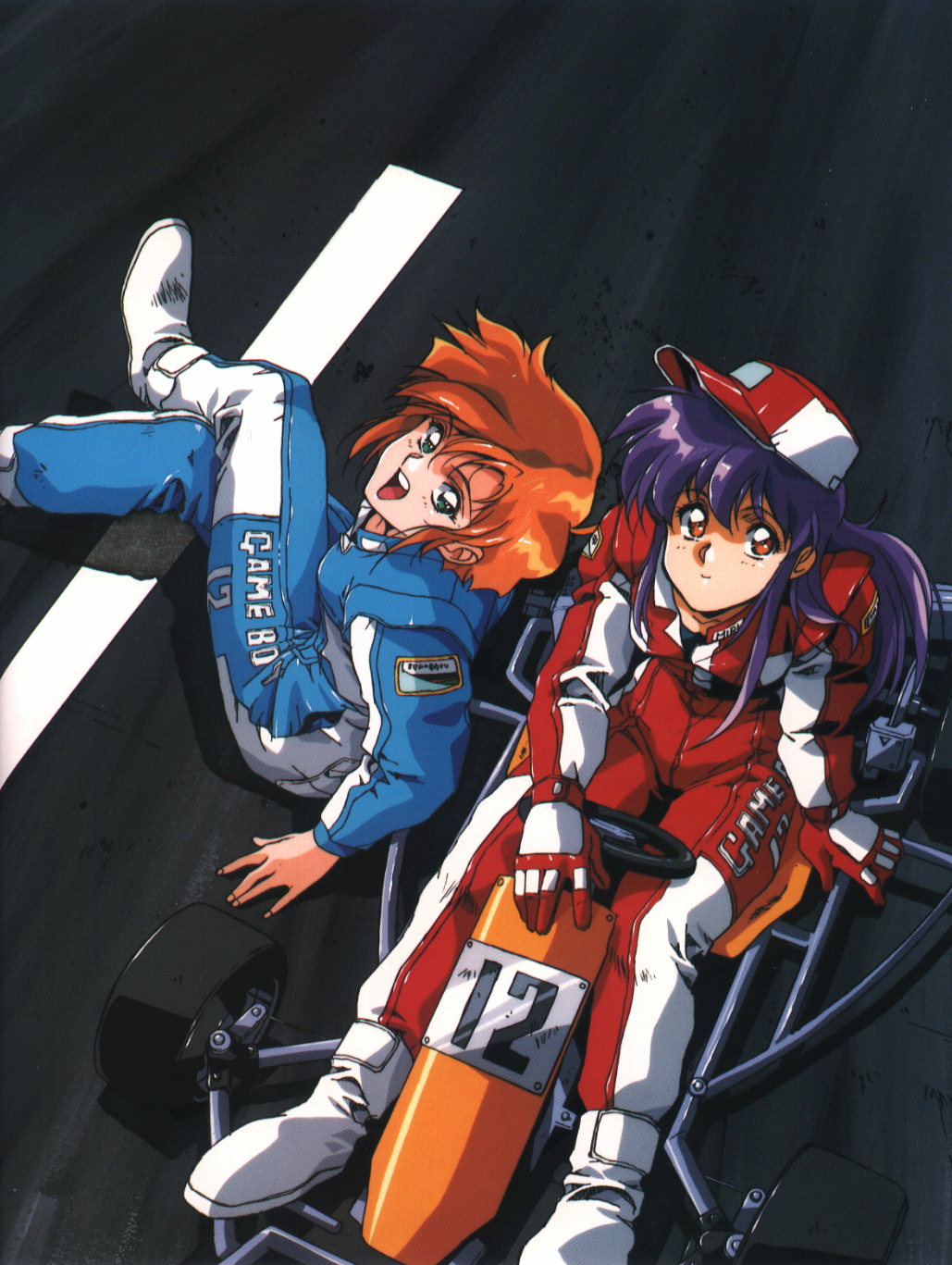 urushihara satoshi, highres, 2girls, female focus, gloves, go-kart, hat, kart, multiple girls, racing suit