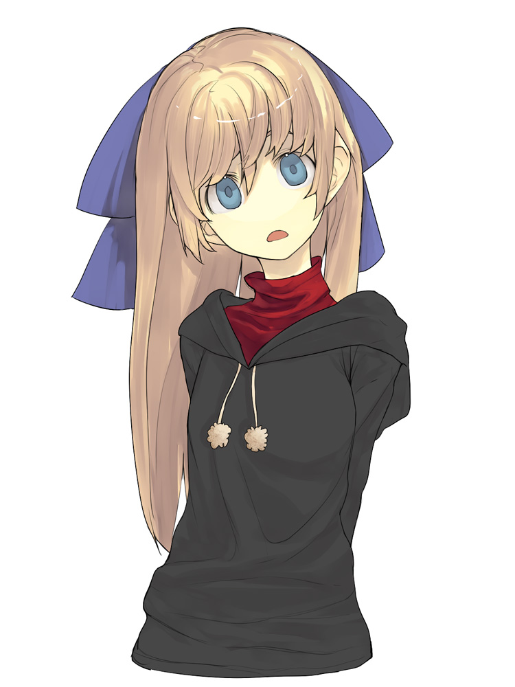 hama (22ji kara 24ji), original, 1girl, arms behind back, blonde hair, blue eyes, blush, female focus, hair between eyes, hood, hood down, hoodie, long sleeves, looking at viewer, pom pom (clothes), simple background, solo, sweater, turtleneck, white background