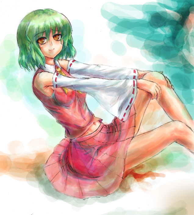 juuka@100neko, hakurei reimu, kazami yuuka, touhou, 1girl, cosplay, detached sleeves, female focus, green hair, hakurei reimu (cosplay), japanese clothes, legs, miko, pleated skirt, sitting, skirt, smile, solo, yellow eyes