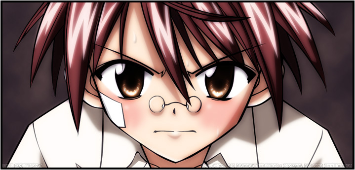 negi springfield, mahou sensei negima!, 00s, 1boy, bandaid, brown hair, close-up, collared shirt, dress shirt, glasses, looking at viewer, male focus, portrait, rimless eyewear, shirt, solo, spiked hair, upper body, white shirt