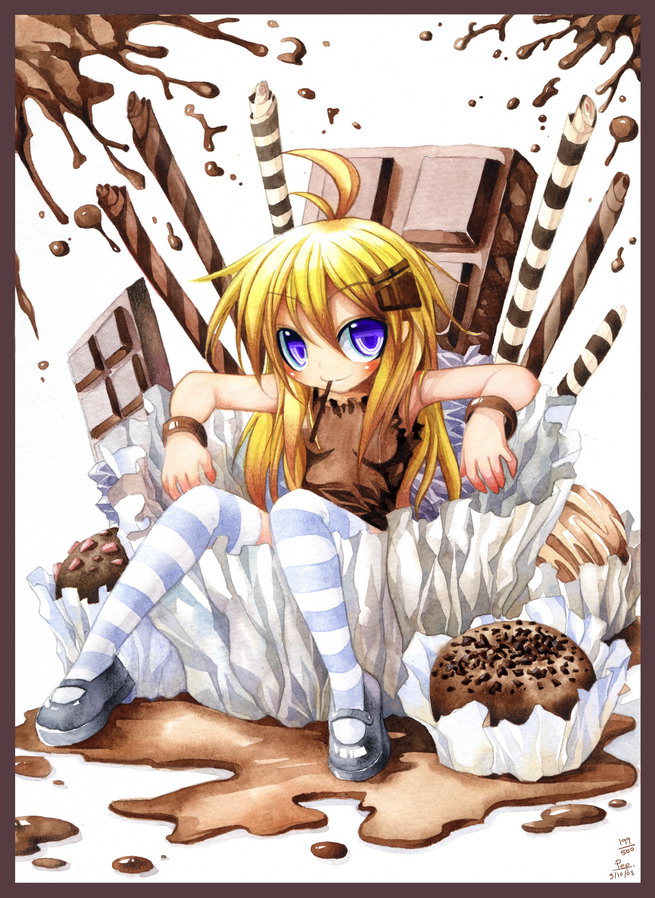 emperpep, painting (medium), traditional media, watercolor (medium), ahoge, blonde hair, blue eyes, bracelet, chocolate, food, food-themed clothes, food as clothes, in food, jewelry, mary janes, mini person, minigirl, pocky, shoes, solo, sprinkles, striped clothes, striped thighhighs, thighhighs