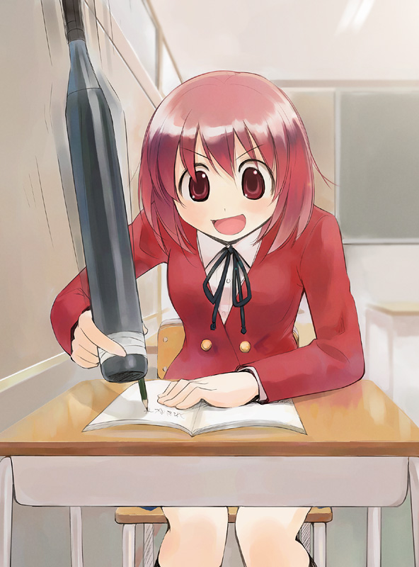 ikeda jun (mizutamari), kushieda minori, toradora!, 00s, 1girl, :d, baseball bat, classroom, desk, female focus, open mouth, pen, red eyes, red hair, school, school desk, school uniform, short hair, smile, solo, what