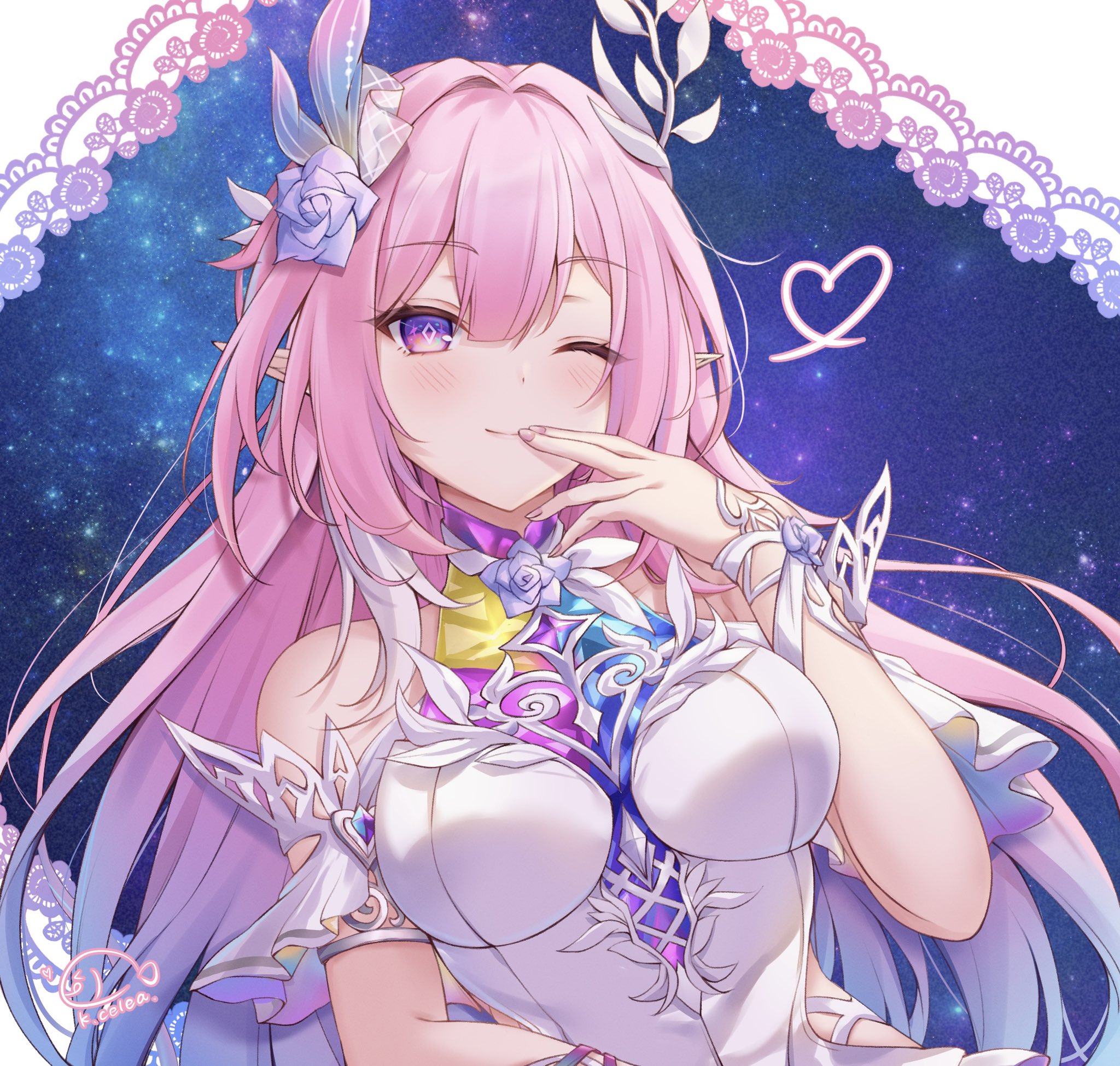 kiri celea, cyrene (honkai: star rail), cyrene (ripples of past reverie) (honkai: star rail), honkai: star rail, honkai (series), commentary request, highres, 1girl, artist name, bare shoulders, blowing kiss, breasts, dress, flower, hair flower, hair ornament, halo, heart, large breasts, long hair, looking at viewer, pink hair, pointy ears, purple eyes, solo, upper body, very long hair, white dress
