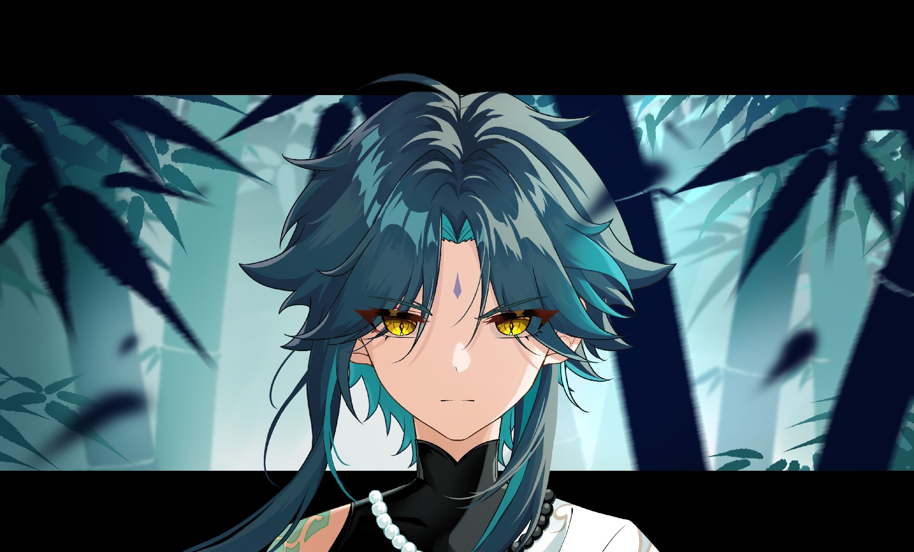fishinthetea, xiao (genshin impact), genshin impact, highres, 1boy, aqua hair, bead necklace, beads, black hair, closed mouth, facial mark, forehead mark, hair between eyes, jewelry, long hair, male focus, multicolored hair, necklace, shoulder tattoo, solo, streaked hair, tattoo, yellow eyes