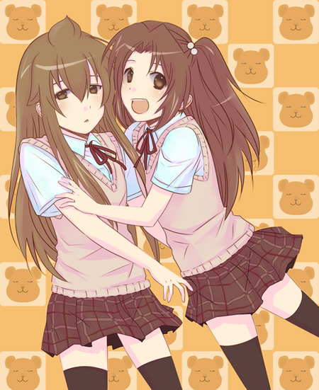 3u, minami chiaki, uchida yuka, minami-ke, bad id, bad pixiv id, 00s, 2girls, ahoge, brown eyes, brown hair, hair ornament, long hair, multiple girls, school uniform, skirt, thighhighs, two side up, zettai ryouiki