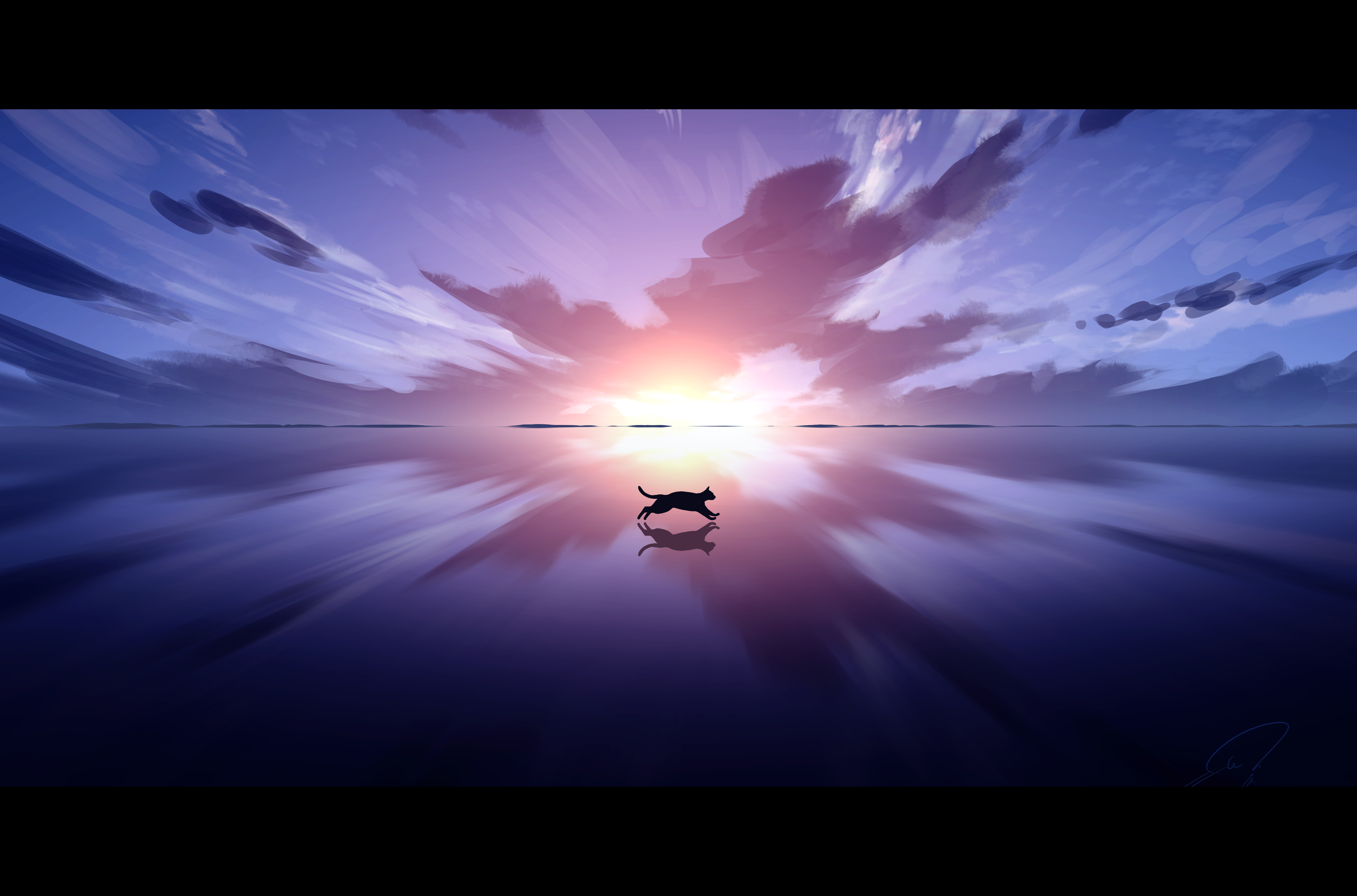 nengoro, original, absurdres, commentary request, highres, cat, cloud, cloudy sky, letterboxed, no humans, outdoors, purple sky, reflective surface, scenery, signature, silhouette, sky, sunset, watermark