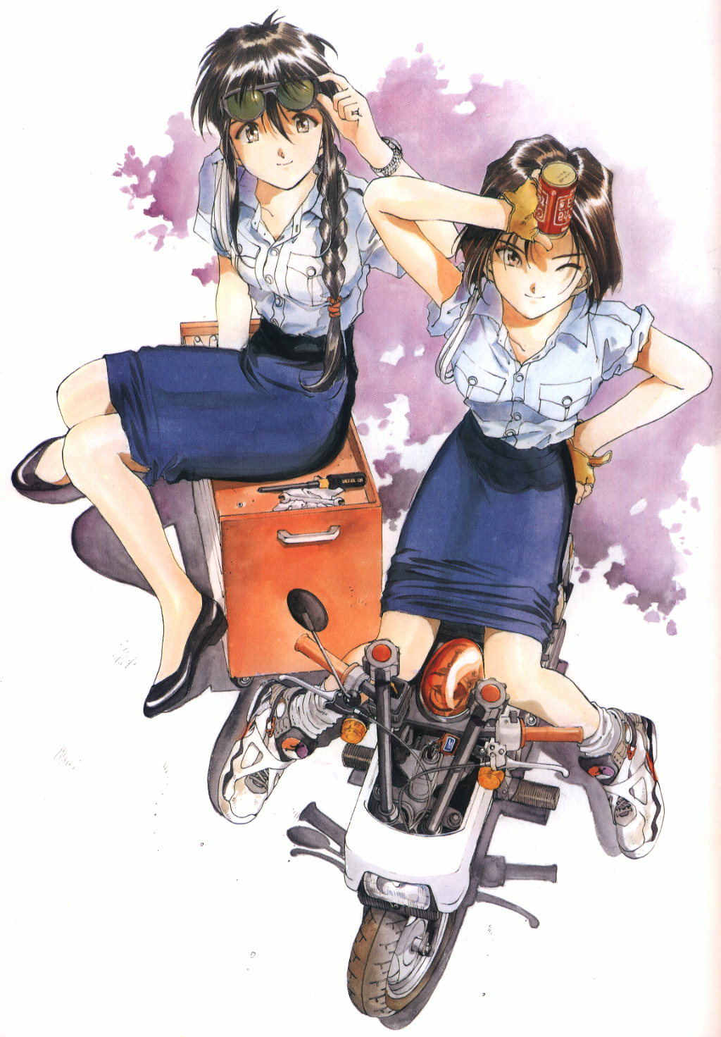 fujishima kousuke, kobayakawa miyuki, tsujimoto natsumi, air jordan, taiho shichauzo, vehicle, highres, 2girls, air jordan 8, can, gloves, honda motocompo, japan national police, motor vehicle, motorcycle, multiple girls, pencil skirt, police, police uniform, policewoman, scooter, shoes, skirt, sneakers, sunglasses, sunglasses on head, toolbox