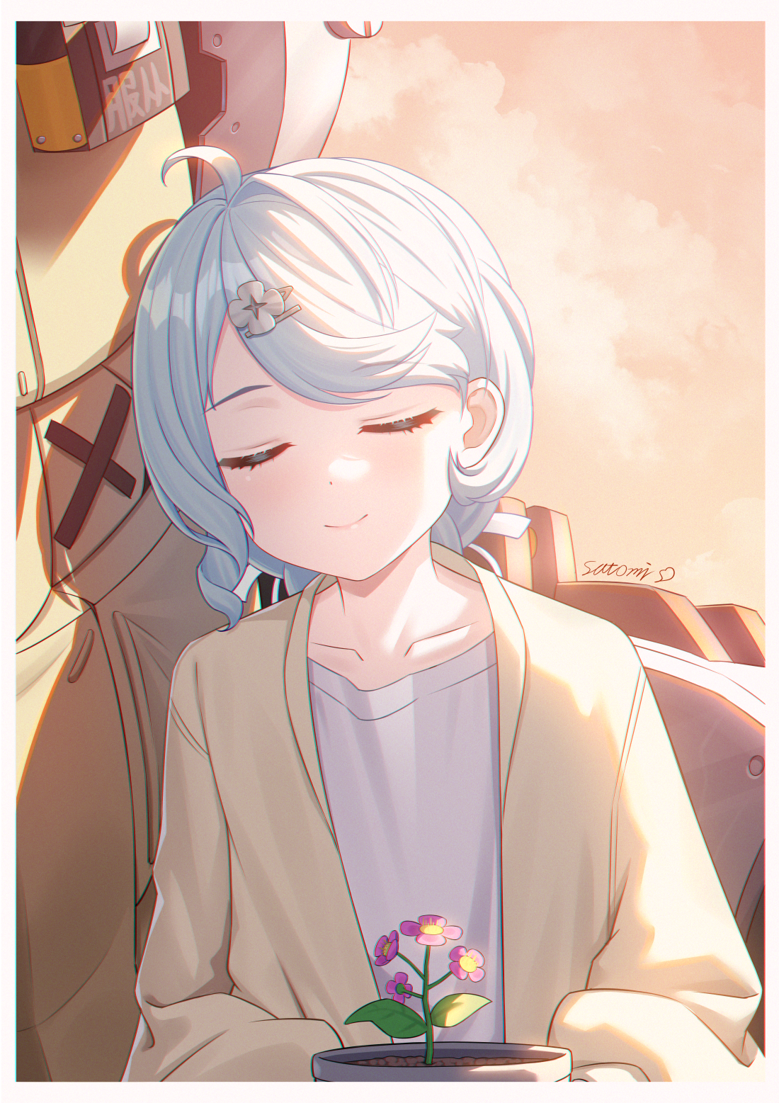 satomi (745684552), seed (zenless zone zero), zenless zone zero, commentary, highres, 1girl, 1other, ahoge, artist name, blue hair, border, closed eyes, flower, holding, holding plant, jacket, orange sky, outdoors, pink flower, plant, potted plant, shirt, short hair, signature, sitting, sky, smile, swept bangs, upper body, white shirt, yellow jacket