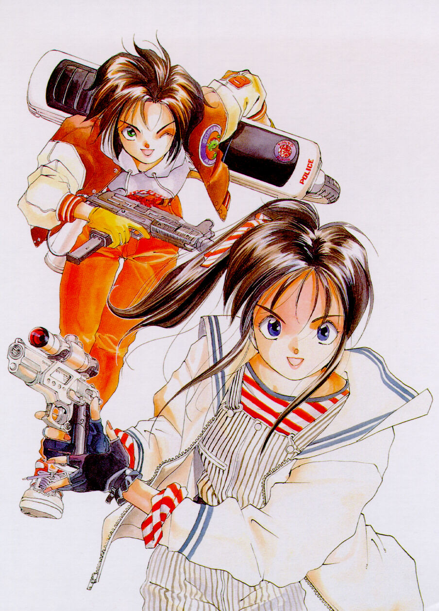 fujishima kousuke, kobayakawa miyuki, tsujimoto natsumi, smith & wesson, taiho shichauzo, machine pistol, highres, official art, 2girls, airsoft, casual, fingerless gloves, gloves, gun, handgun, honda motocompo, jacket, multiple girls, one eye closed, overalls, pants, pistol, ponytail, scope, semi-automatic pistol, shirt, striped clothes, striped jacket, striped pants, striped shirt, submachine gun, trigger discipline, uzi, vertical-striped clothes, vertical-striped pants, weapon, wink
