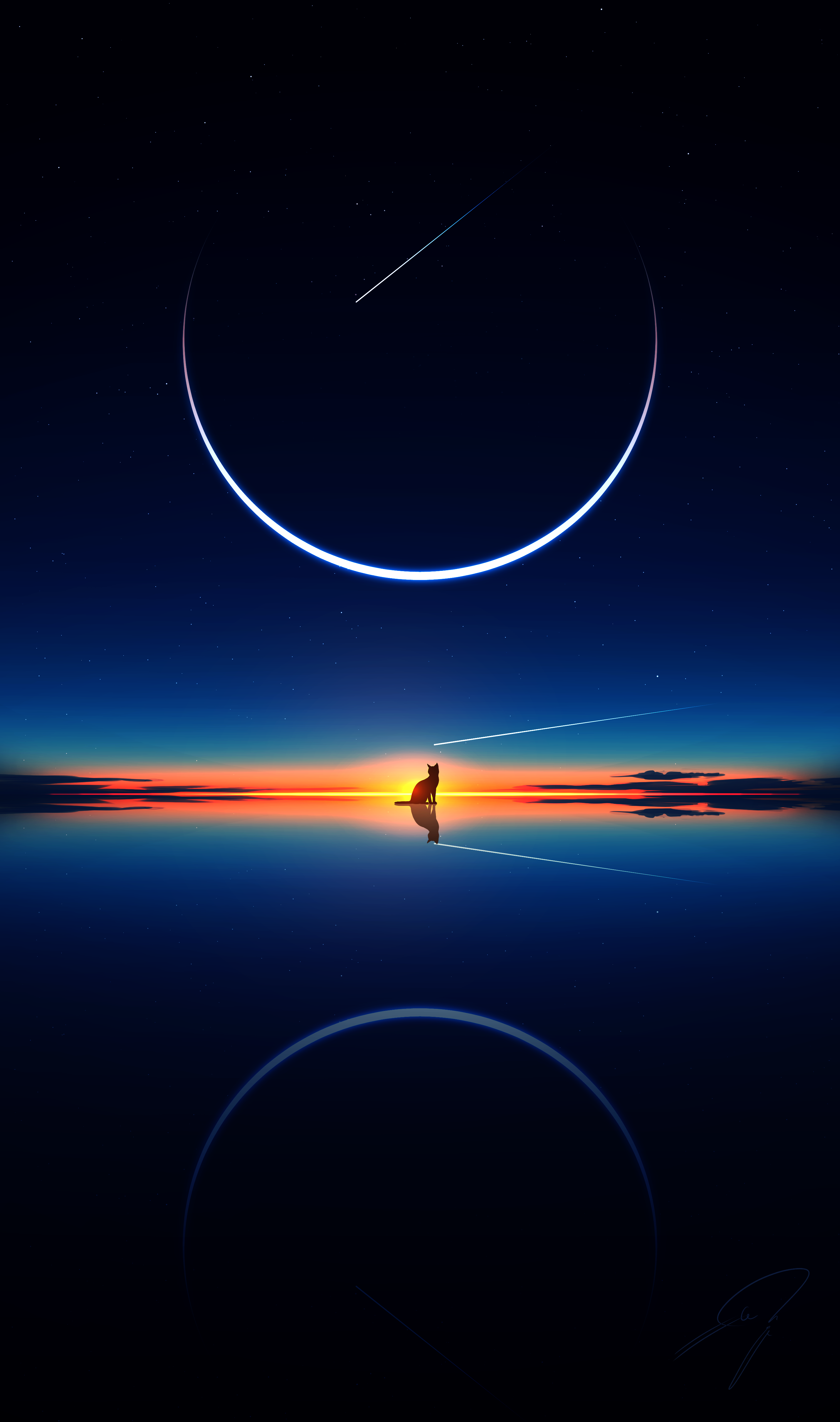 nengoro, original, absurdres, commentary request, highres, cat, crescent moon, dusk, horizon, moon, no humans, reflective surface, scenery, shooting star, signature, silhouette, sky, star (sky), starry sky, watermark