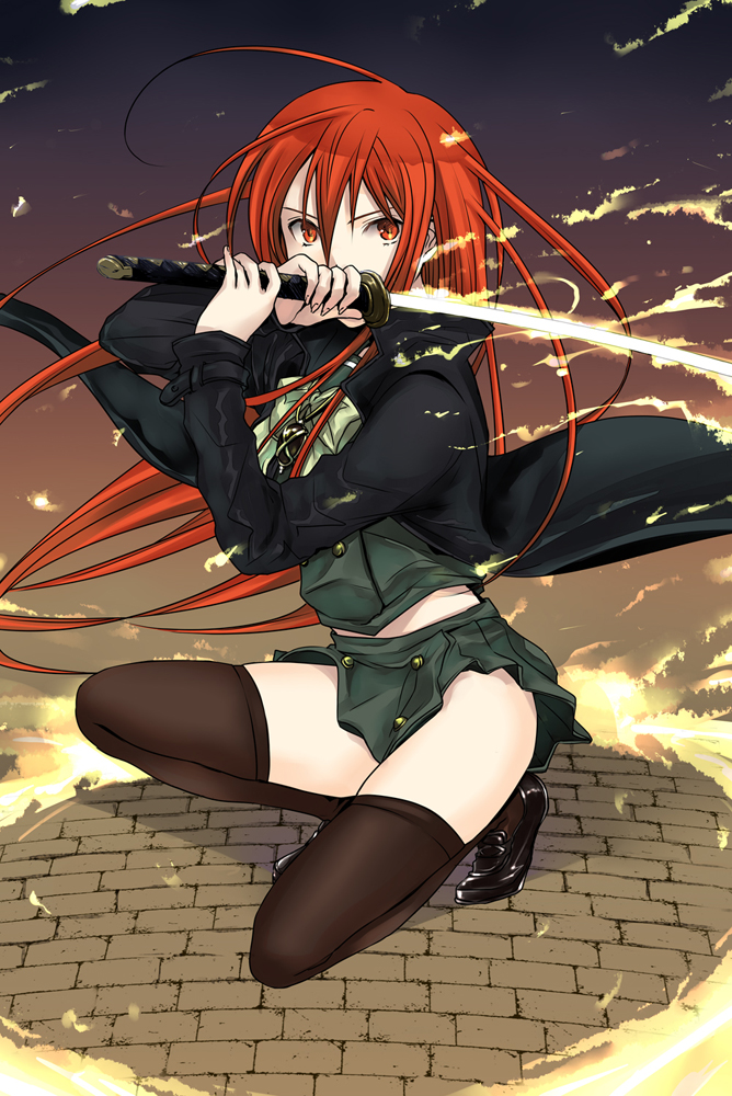 3u, alastor (shakugan no shana), shana, shakugan no shana, bad id, bad pixiv id, 00s, 1girl, ahoge, bow, clothes lift, coat, female focus, fire, jewelry, long hair, pendant, red eyes, red hair, school uniform, skirt, skirt lift, solo, sword, thighhighs, weapon, wind, wind lift