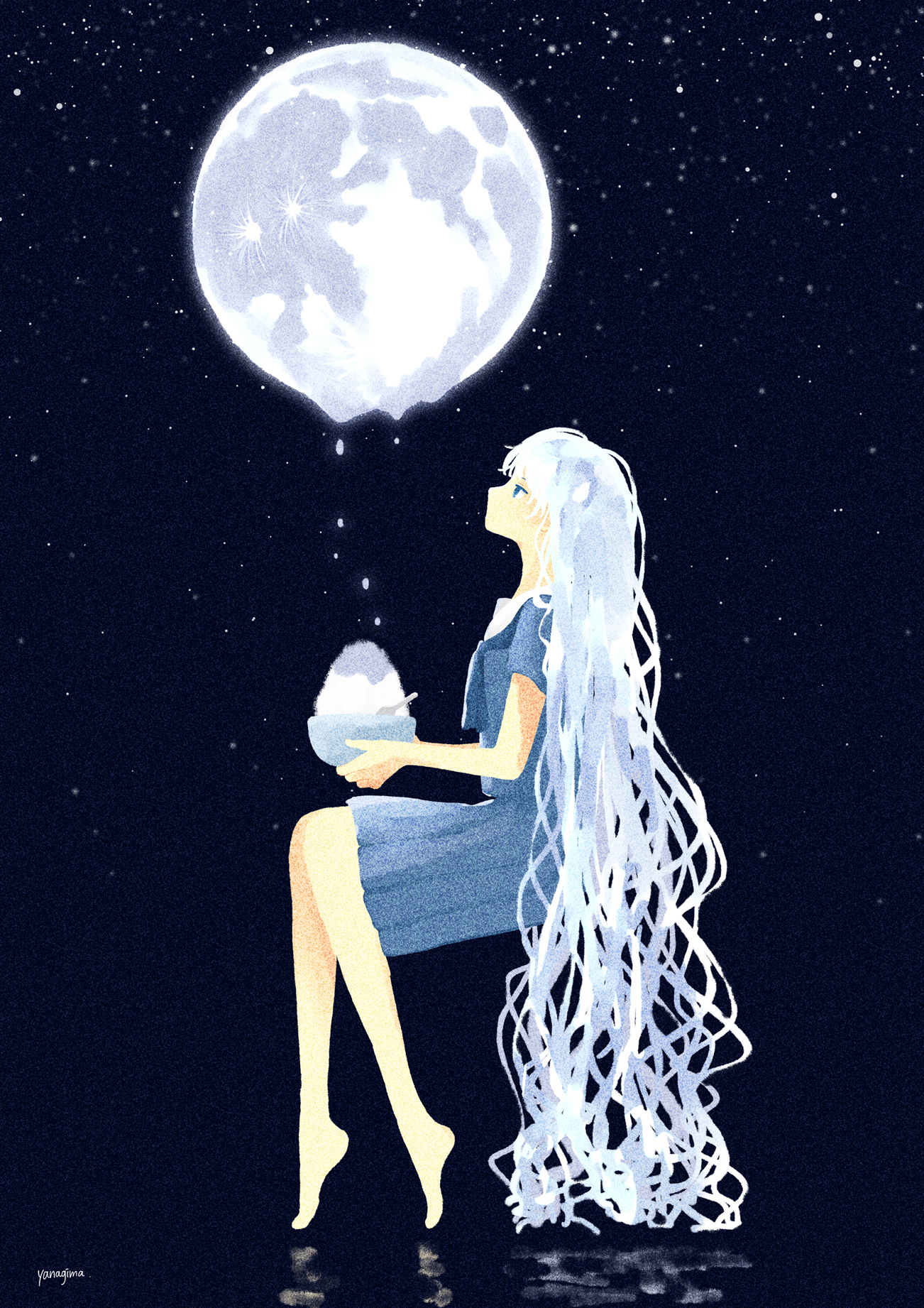 yanagima yu03, original, highres, 1girl, blue eyes, bowl, feet, food, from side, holding, holding bowl, long hair, moon, night, reflection, reflective water, shaved ice, short sleeves, sky, solo, spoon, star (sky), starry sky, very long hair, white hair