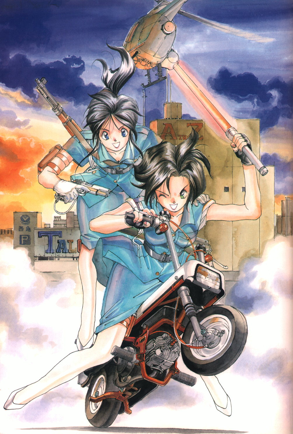 fujishima kousuke, kobayakawa miyuki, tsujimoto natsumi, taiho shichauzo, baton, vehicle, highres, official art, 2girls, aircraft, airsoft, baton (weapon), fingerless gloves, gloves, gun, handgun, helicopter, honda motocompo, hughes 500d, japan national police, m1911, motor vehicle, motorcycle, multiple girls, pistol, police, police uniform, policewoman, rifle, scooter, semi-automatic pistol, traffic baton, weapon