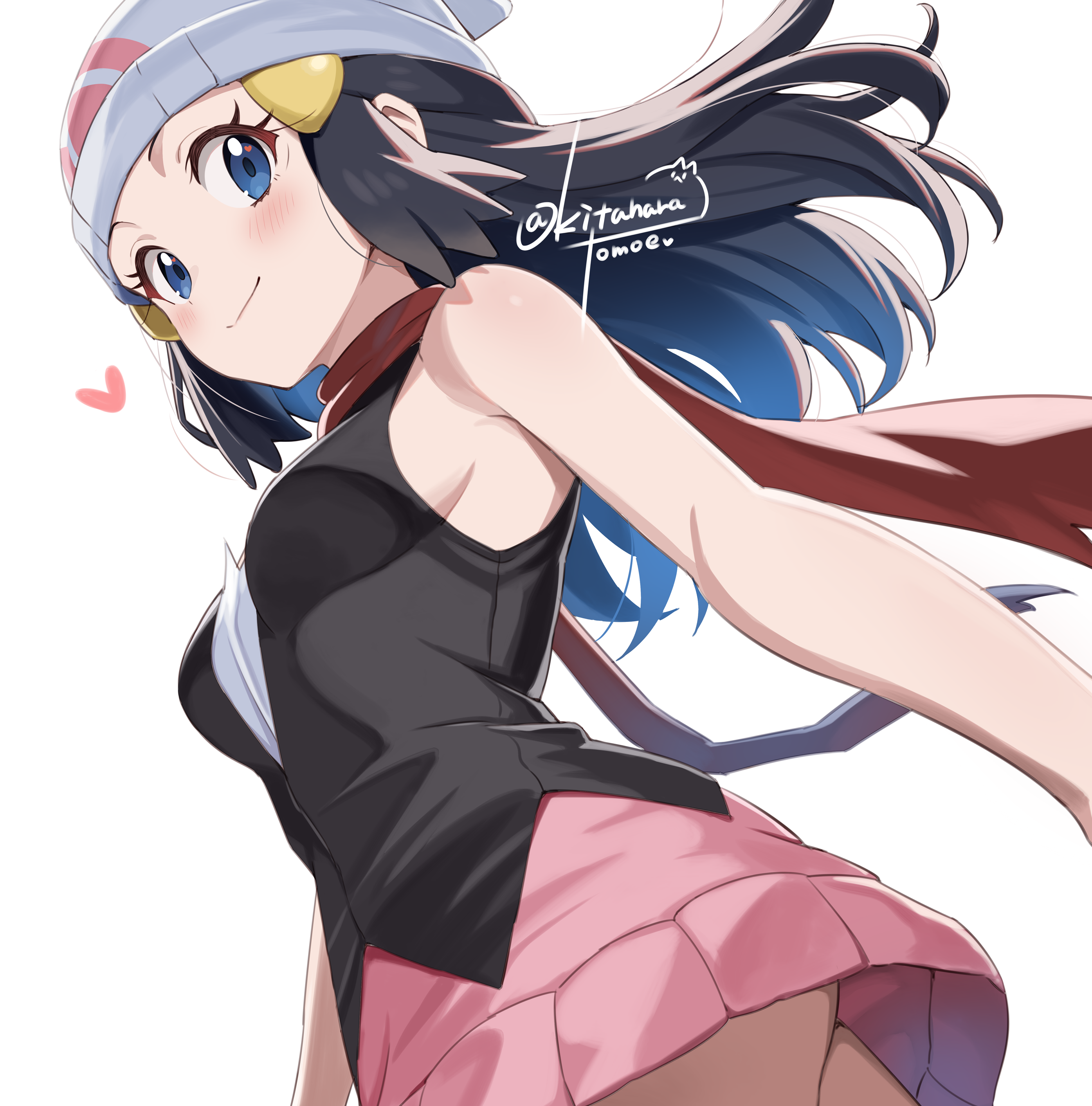 kitahara tomoe (kitahara koubou), dawn (pokemon), nintendo, pokemon, pokemon dppt, absurdres, commission, commissioner upload, highres, non-web source, armpits, bare arms, blue eyes, from below, hair ornament, hairclip, hat, looking down, pink skirt, skirt