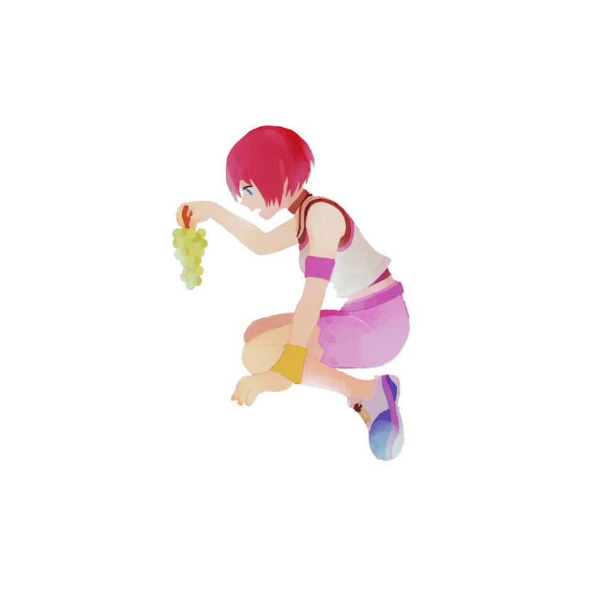 sashimi umasugi, kairi (kingdom hearts), kingdom hearts, kingdom hearts i, commentary request, 1girl, armband, blue eyes, breasts, camisole, food, from side, fruit, full body, grapes, holding, holding food, holding fruit, medium breasts, pink shorts, red hair, short hair, short shorts, shorts, sitting, solo, white camisole, wristband