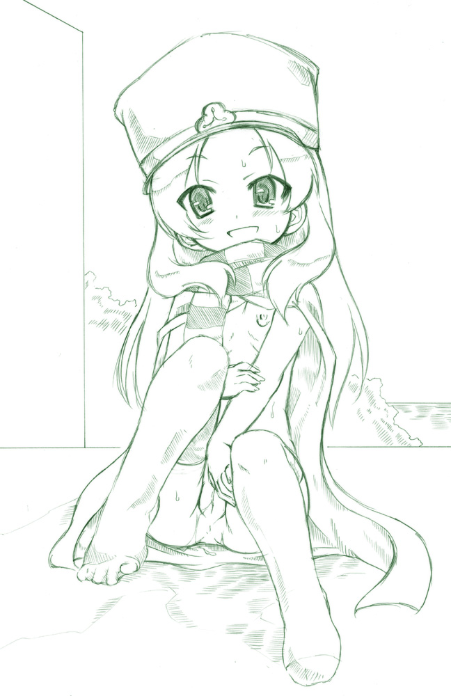 marusuke, chiaki (shigofumi), shigofumi, 00s, cape, feet, female masturbation, flat chest, green theme, hat, loli, long hair, masturbation, monochrome, nipples, pussy, pussy juice, scarf, shako cap, solo, sweat, thighhighs
