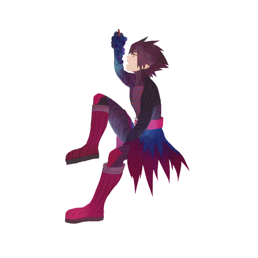 sashimi umasugi, vanitas (kingdom hearts), kingdom hearts, kingdom hearts birth by sleep, commentary request, 1boy, black hair, boots, eating, food, from side, fruit, full body, grapes, holding, holding food, holding fruit, invisible chair, knee boots, male focus, open mouth, purple boots, sitting, skirt, solo, yellow eyes