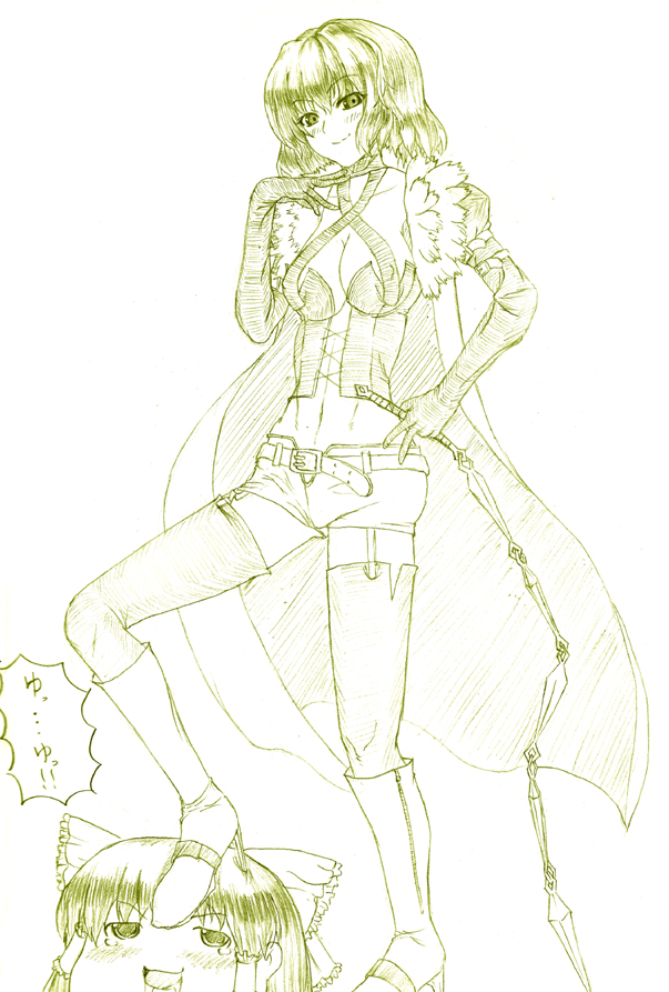 juuka@100neko, dark hunter (sekaiju), hakurei reimu, kazami yuuka, atlus, etrian odyssey, touhou, 1girl, belt, boots, bow, breasts, bustier, cleavage, cosplay, dark hunter (cosplay), elbow gloves, female focus, garter straps, gloves, hair bow, hair tubes, high heels, midriff, monochrome, naughty face, shoes, short shorts, shorts, small breasts, solo, thighhighs, yellow theme, yukkuri shiteitte ne